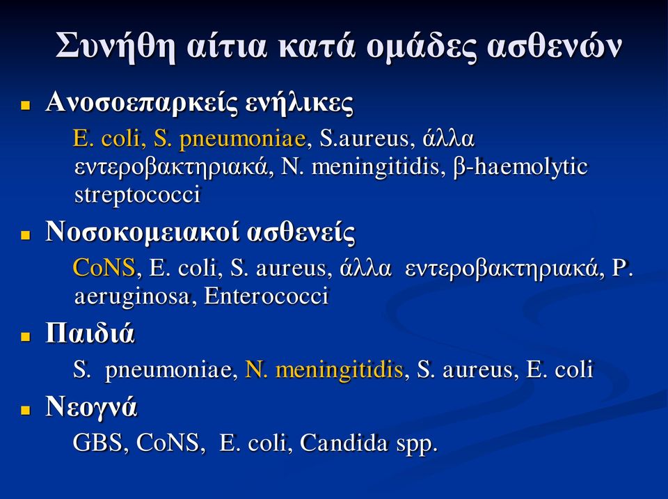 meningitidis, β-haemolytic streptococci Νοσοκομειακοί ασθενείς CoNS, E. coli, S.