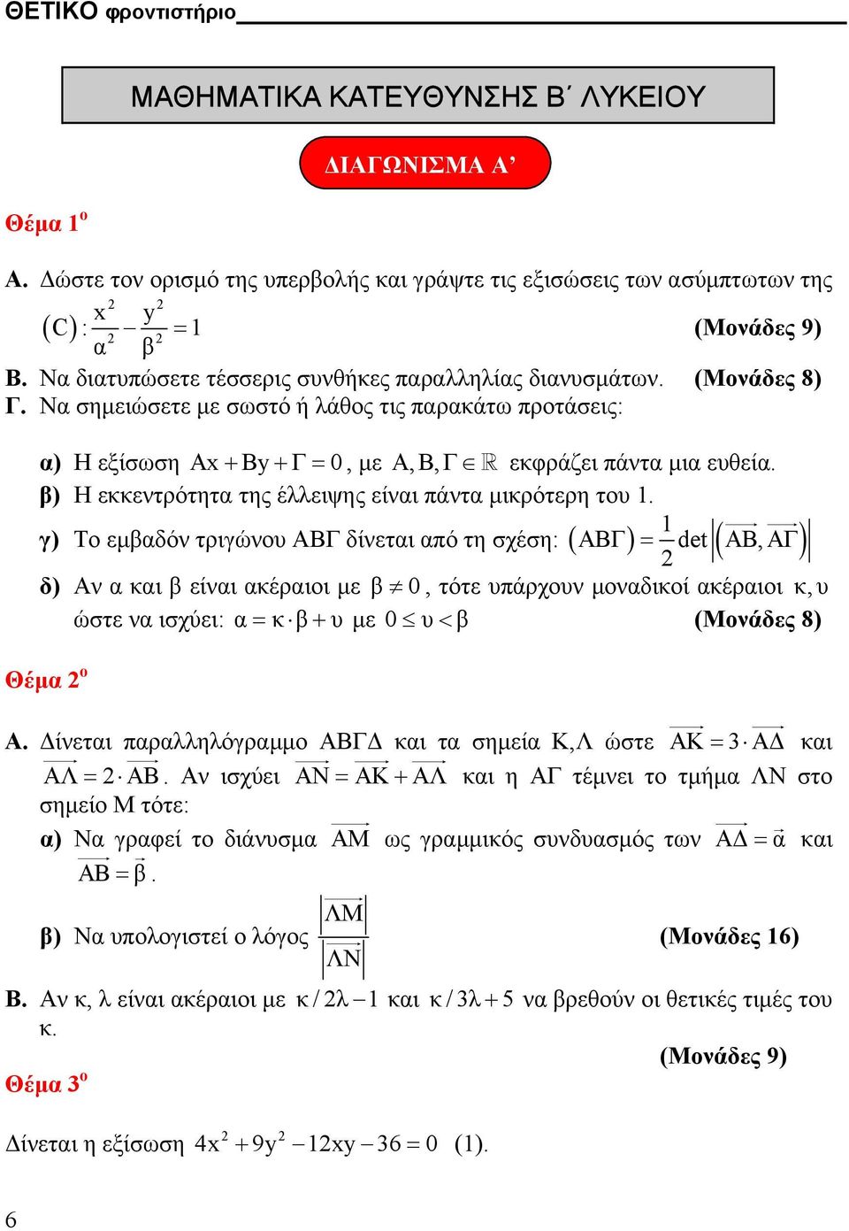 β) Η εκκεντρότητα της έλλειψης είναι πάντα µικρότερη του.