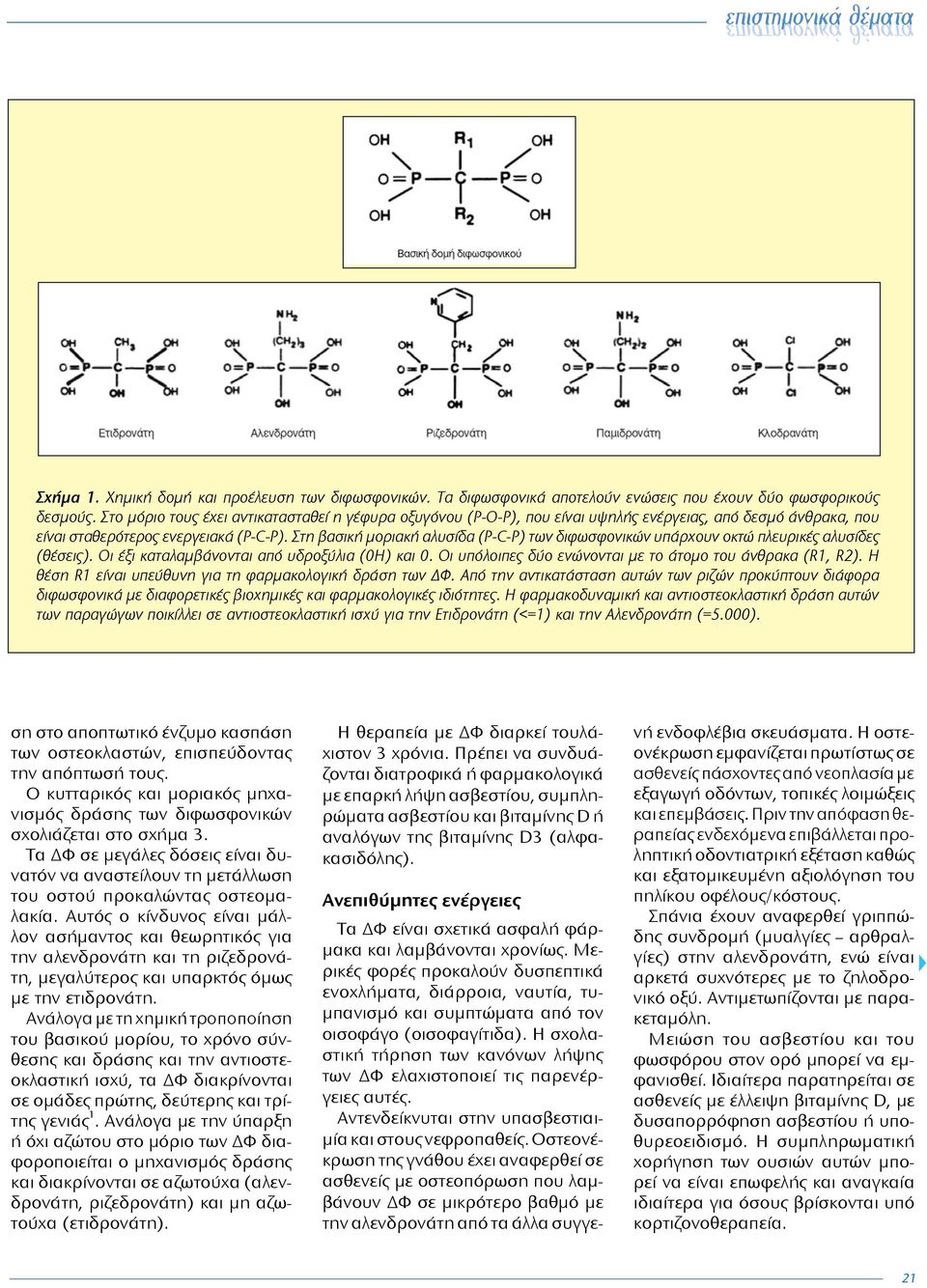 Στη βασική μοριακή αλυσίδα (-C-) των διφωσφονικών υπάρχουν οκτώ πλευρικές αλυσίδες (θέσεις). ι έξι καταλαμβάνονται από υδροξύλια (0Η) και 0. ι υπόλοιπες δύο ενώνονται με το άτομο του άνθρακα (R1, R2).