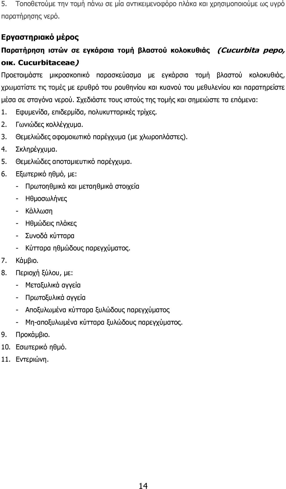 νερού. Σχεδιάστε τους ιστούς της τομής και σημειώστε τα επόμενα: 1. Eφυμενίδα, επιδερμίδα, πολυκυτταρικές τρίχες. 2. Γωνιώδες κολλέγχυμα. 3. Θεμελιώδες αφομοιωτικό παρέγχυμα (με χλωροπλάστες). 4.