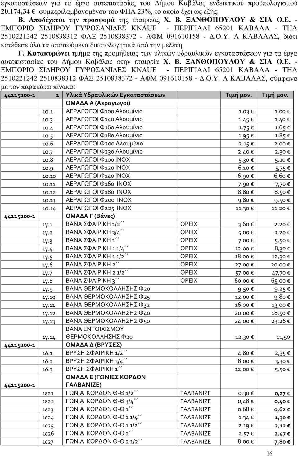 Κατακυρώνει τµήµα της προµήθειας των υλικών υδραυλικών εγκαταστάσεων για τα έργα αυτεπιστασίας του ήµου Καβάλας στην εταιρεία Χ. Β. ΞΑΝΘΟΠΟΥΛΟΥ & ΣΙΑ Ο.Ε.