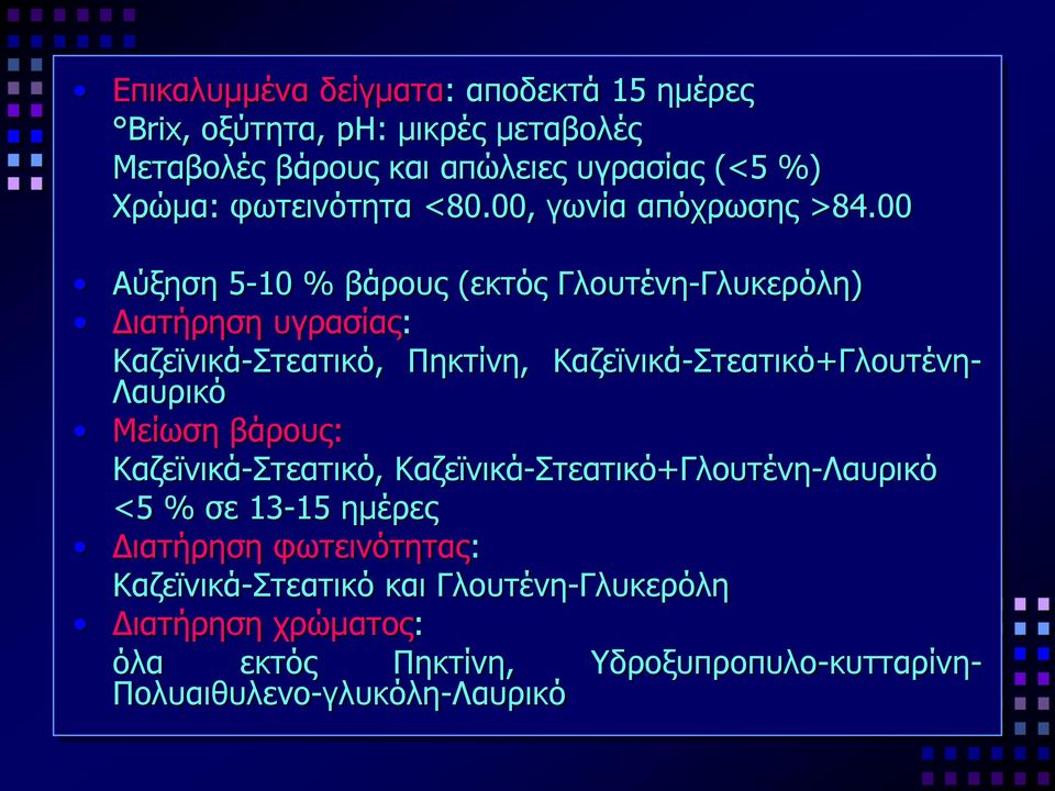 00 Αύξηση 5-10 % βάρους (εκτός Γλουτένη-Γλυκερόλη) Διατήρηση υγρασίας: Καζεϊνικά-Στεατικό, Πηκτίνη, Καζεϊνικά-Στεατικό+Γλουτένη- Λαυρικό
