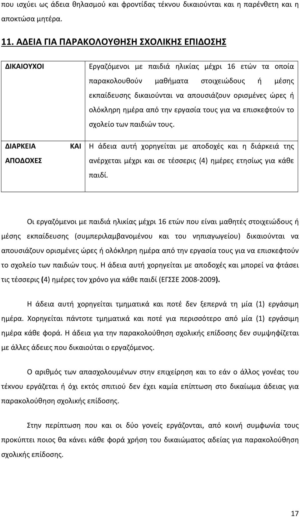 ώρες ή ολόκληρη ημέρα από την εργασία τους για να επισκεφτούν το σχολείο των παιδιών τους.