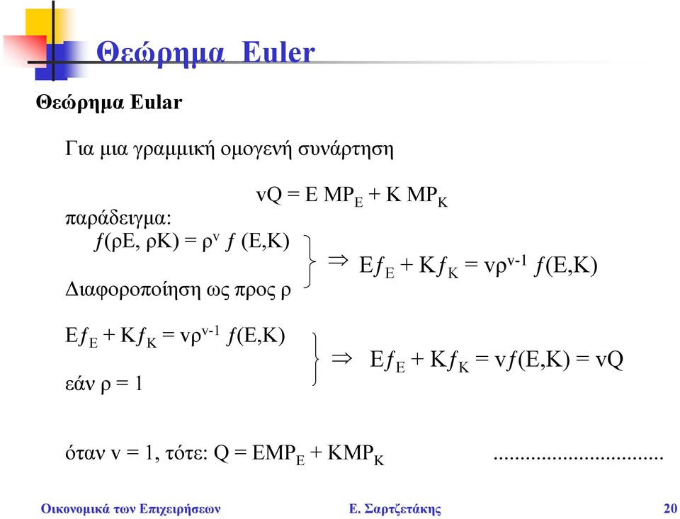 ƒ(e,k) Διαφοροποίηση ως προς ρ ƒ + Κƒ Κ = vρ v-1 ƒ(e,k) εάν ρ = 1 ƒ +