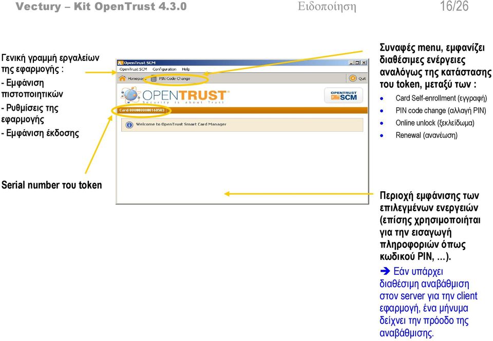 δηαζέζηκεο ελέξγεηεο αλαιόγσο ηεο θαηάζηαζεο ηνπ token, κεηαμύ ησλ : Card Self-enrollment (εγγξαθή) PIN code change (αιιαγή PIN) Online unlock