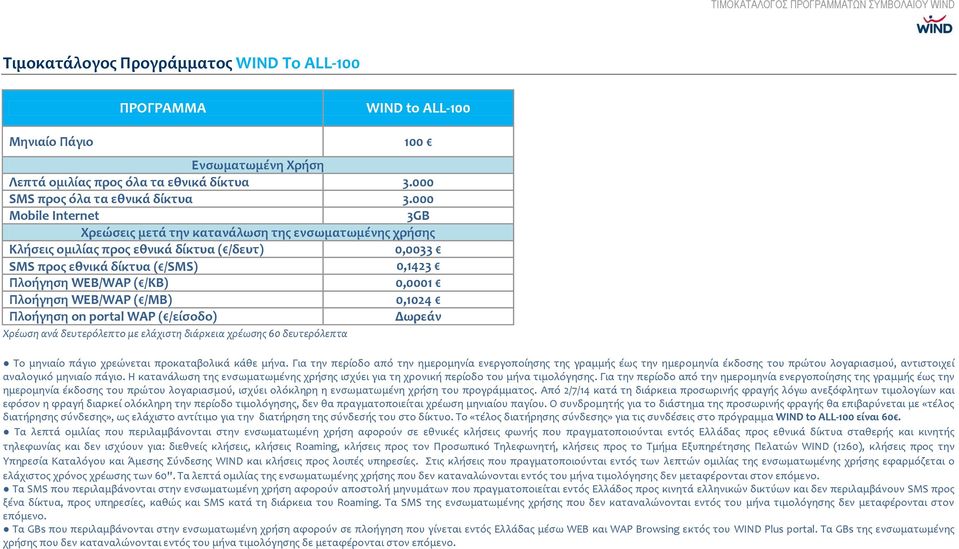 Πλοήγηση WEB/WAP ( /ΜB) 0,1024 Πλοήγηση on portal WAP ( /είσοδο) Δωρεάν Χρέωση ανά δευτερόλεπτο με ελάχιστη διάρκεια χρέωσης 60 δευτερόλεπτα Το μηνιαίο πάγιο χρεώνεται προκαταβολικά κάθε μήνα.