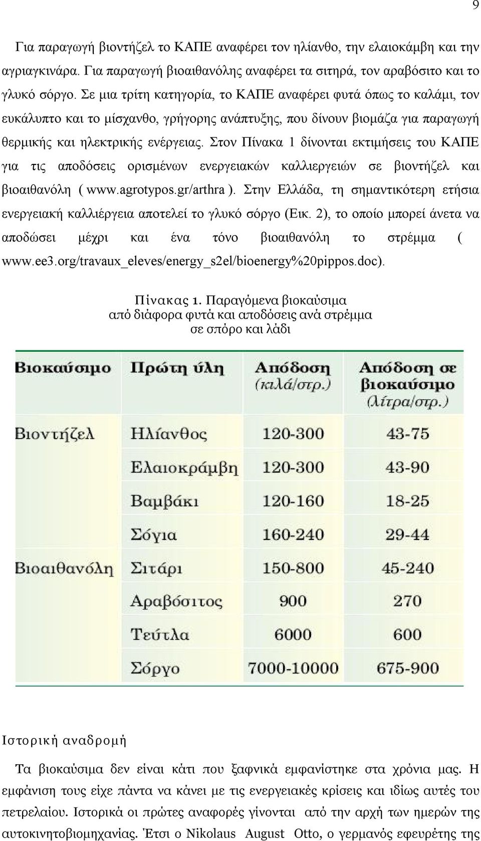 Στον Πίνακα 1 δίνονται εκτιμήσεις του ΚΑΠΕ για τις αποδόσεις ορισμένων ενεργειακών καλλιεργειών σε βιοντήζελ και βιοαιθανόλη ( www.agrotypos.gr/arthra ).