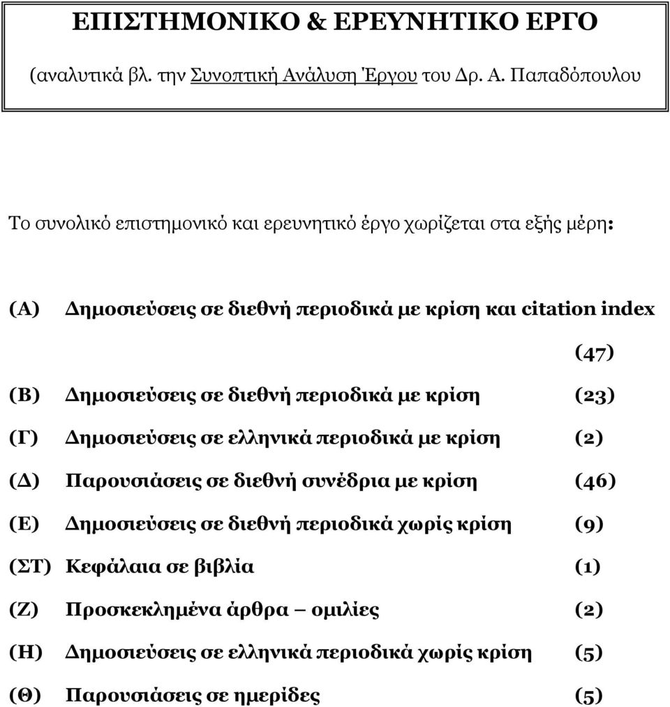 Παπαδόπουλου Το συνολικό επιστημονικό και ερευνητικό έργο χωρίζεται στα εξής μέρη: (Α) Δημοσιεύσεις σε διεθνή περιοδικά με κρίση και citation index