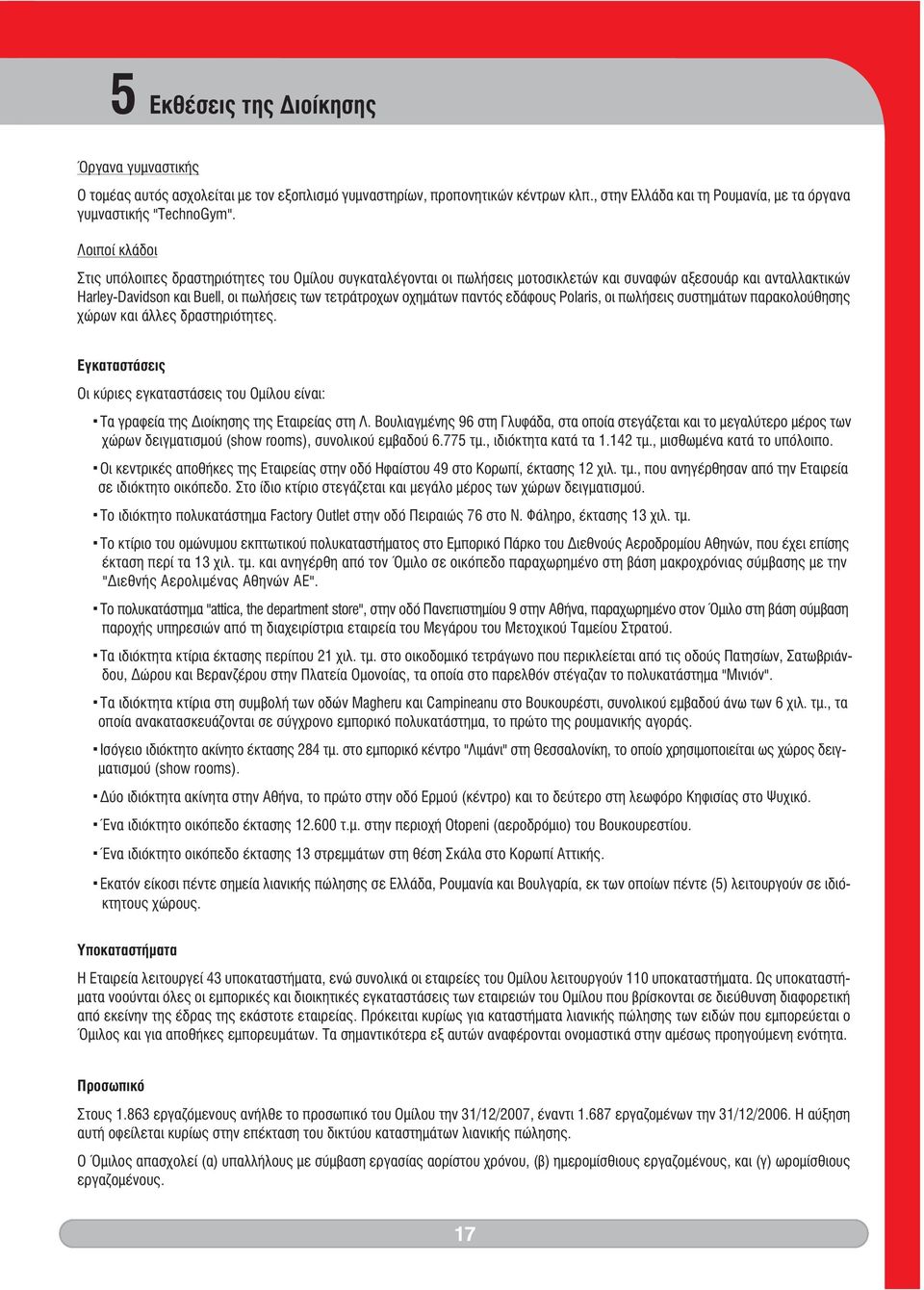 παντός εδάφους Polaris, οι πωλήσεις συστημάτων παρακολούθησης χώρων και άλλες δραστηριότητες. Εγκαταστάσεις Οι κύριες εγκαταστάσεις του Ομίλου είναι: Τα γραφεία της Διοίκησης της Εταιρείας στη Λ.