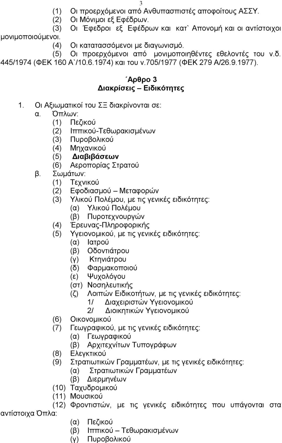 Οι Αξιωματικοί του ΣΞ διακρίνονται σε: α. Όπλων: (1) Πεζικού (2) Ιππικού-Τεθωρακισμένων (3) Πυροβολικού (4) Μηχανικού (5) Διαβιβάσεων (6) Αεροπορίας Στρατού β.