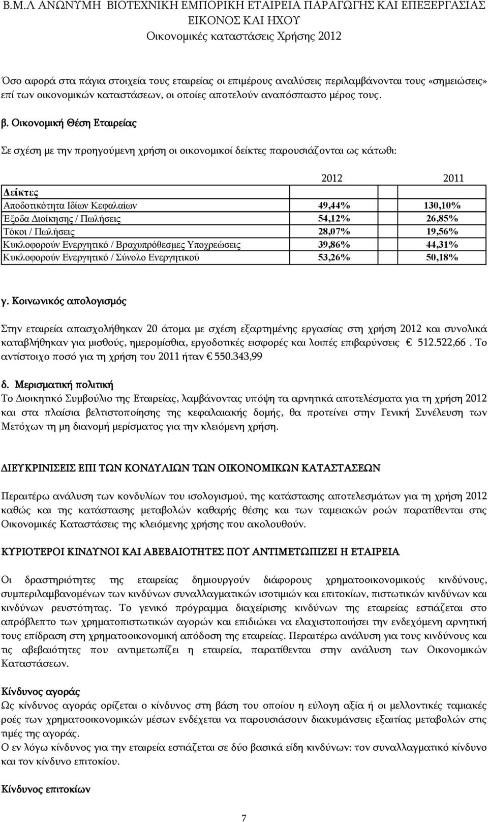 54,12% 26,85% Τόκοι / Πωλήσεις 28,07% 19,56% Κυκλοφορούν Ενεργητικό / Βραχυπρόθεσµες Υποχρεώσεις 39,86% 44,31% Κυκλοφορούν Ενεργητικό / Σύνολο Ενεργητικού 53,26% 50,18% γ.