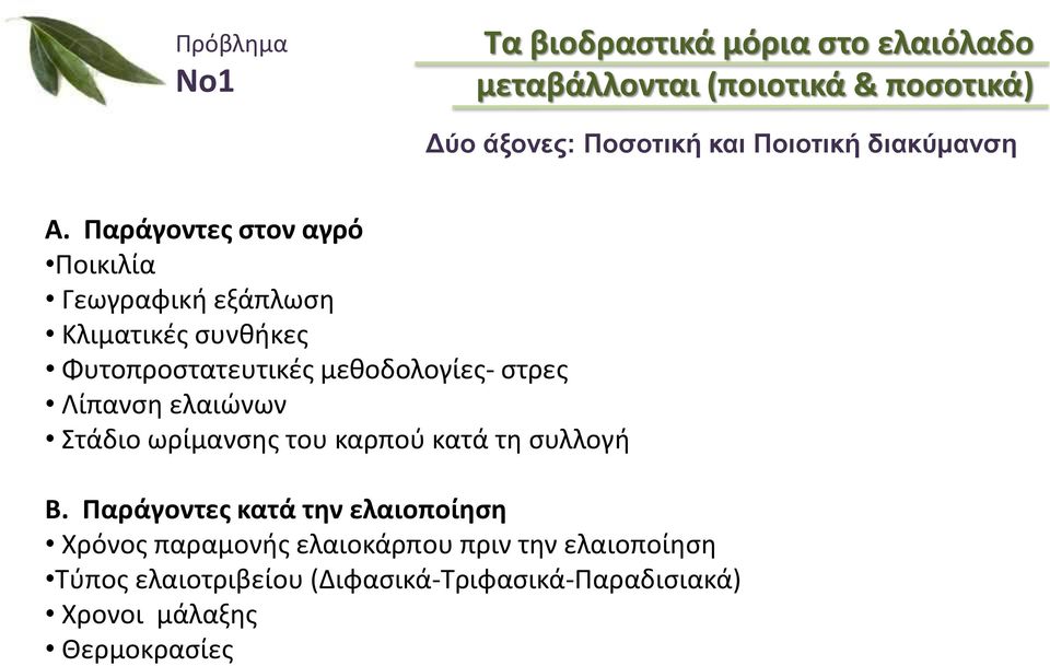 Παράγοντες στον αγρό Ποικιλία Γεωγραφική εξάπλωση Κλιματικές συνθήκες Φυτοπροστατευτικές μεθοδολογίες- στρες Λίπανση