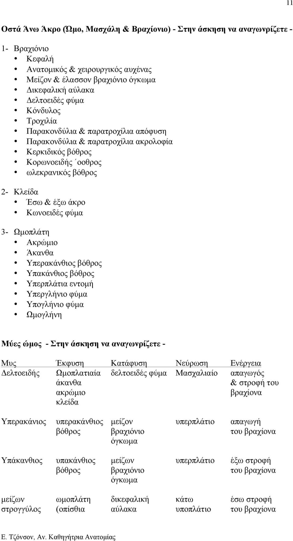 Ακρώµιο Άκανθα Υπερακάνθιος βόθρος Υπακάνθιος βόθρος Υπερπλάτια εντοµή Υπεργλήνιο φύµα Υπογλήνιο φύµα Ωµογλήνη Μύες ώµος - Στην άσκηση να αναγωνρίζετε - Μυς Έκφυση Κατάφυση Νεύρωση Ενέργεια