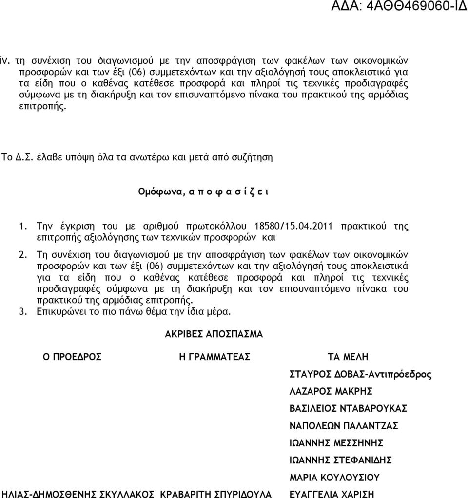 έλαβε υπόψη όλα τα ανωτέρω και μετά από συζήτηση Ομόφωνα, α π ο φ α σ ί ζ ε ι 1. Την έγκριση του με αριθμού πρωτοκόλλου 18580/15.04.