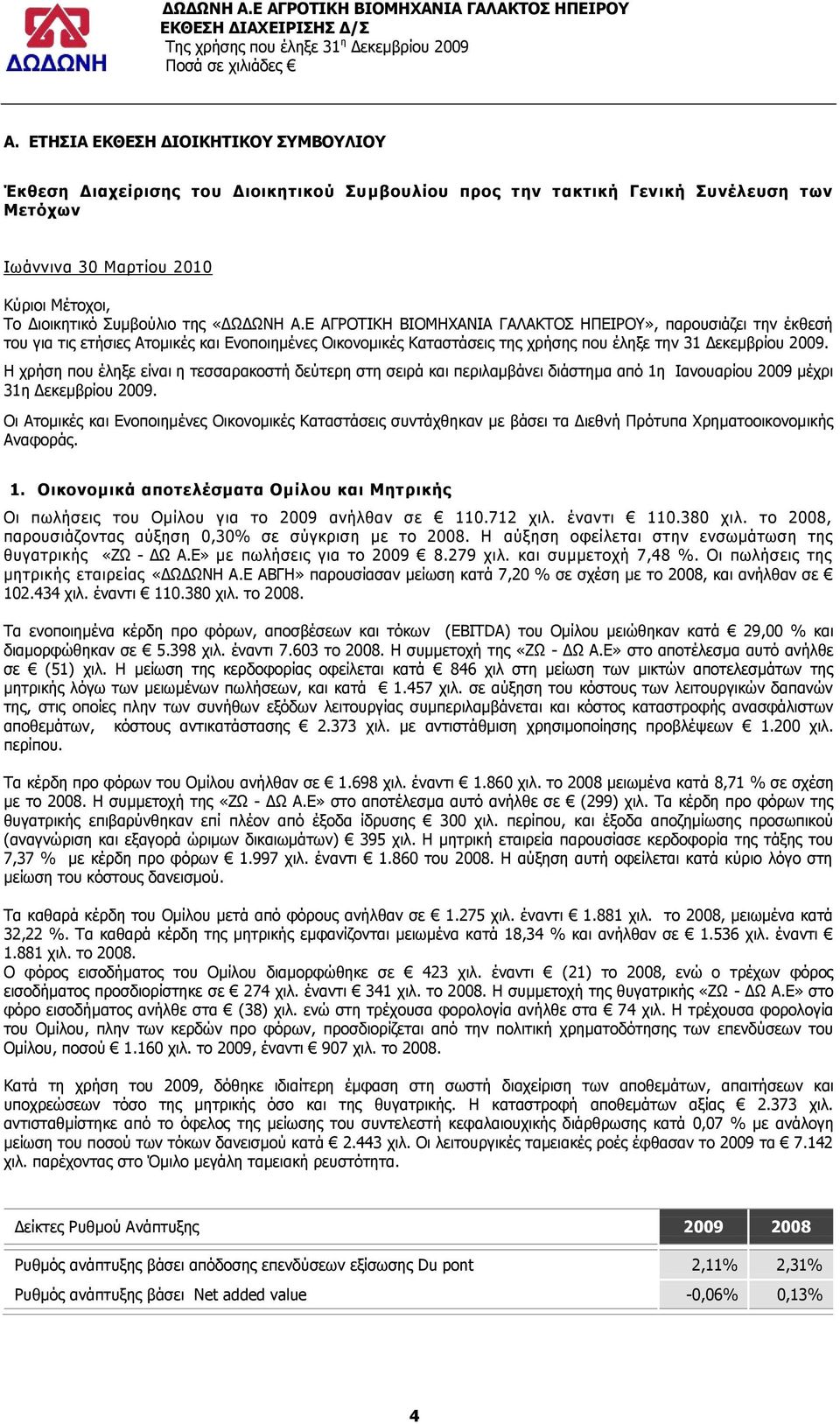 «ΓΥΓΥΛΖ Α.Δ ΑΓΟΝΡΗΘΖ ΒΗΝΚΖΣΑΛΗΑ ΓΑΙΑΘΡΝΠ ΖΞΔΗΟΝ», παξνπζηάδεη ηελ έθζεζή ηνπ γηα ηηο εηήζηεο Αηνκηθέο θαη Δλνπνηεκέλεο Νηθνλνκηθέο Θαηαζηάζεηο ηεο ρξήζεο πνπ έιεμε ηελ 31 Γεθεκβξίνπ 2009.