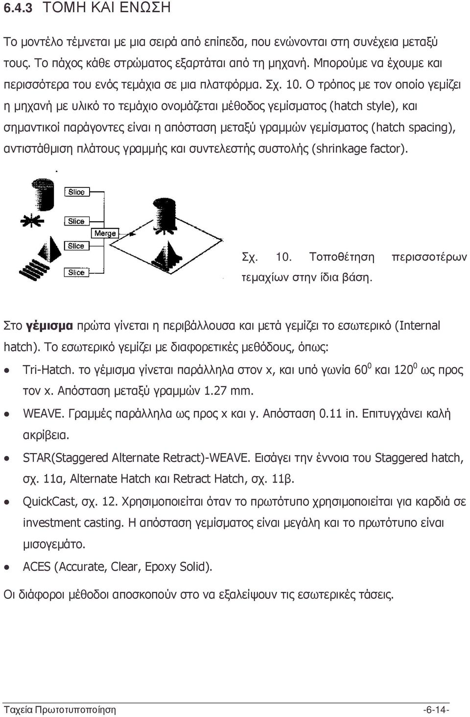 Ο τρόπος µε τον οποίο γεµίζει η µηχανή µε υλικό το τεµάχιο ονοµάζεται µέθοδος γεµίσµατος (hatch style), και σηµαντικοί παράγοντες είναι η απόσταση µεταξύ γραµµών γεµίσµατος (hatch spacing),