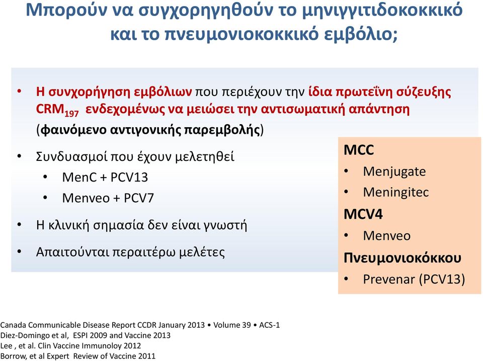 σημασία δεν είναι γνωστή Απαιτούνται περαιτέρω μελέτες MCC Menjugate Meningitec MCV4 Menveo Πνευμονιοκόκκου Prevenar (PCV13) Canada Communicable Disease