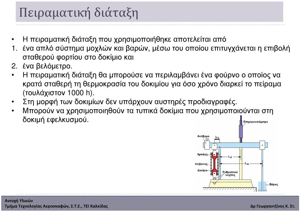 Η πειραµατική διάταξη θα µπορούσε να περιλαµβάνει ένα φούρνο ο οποίος να κρατά σταθερή τη θερµοκρασία του δοκιµίου για όσο χρόνο