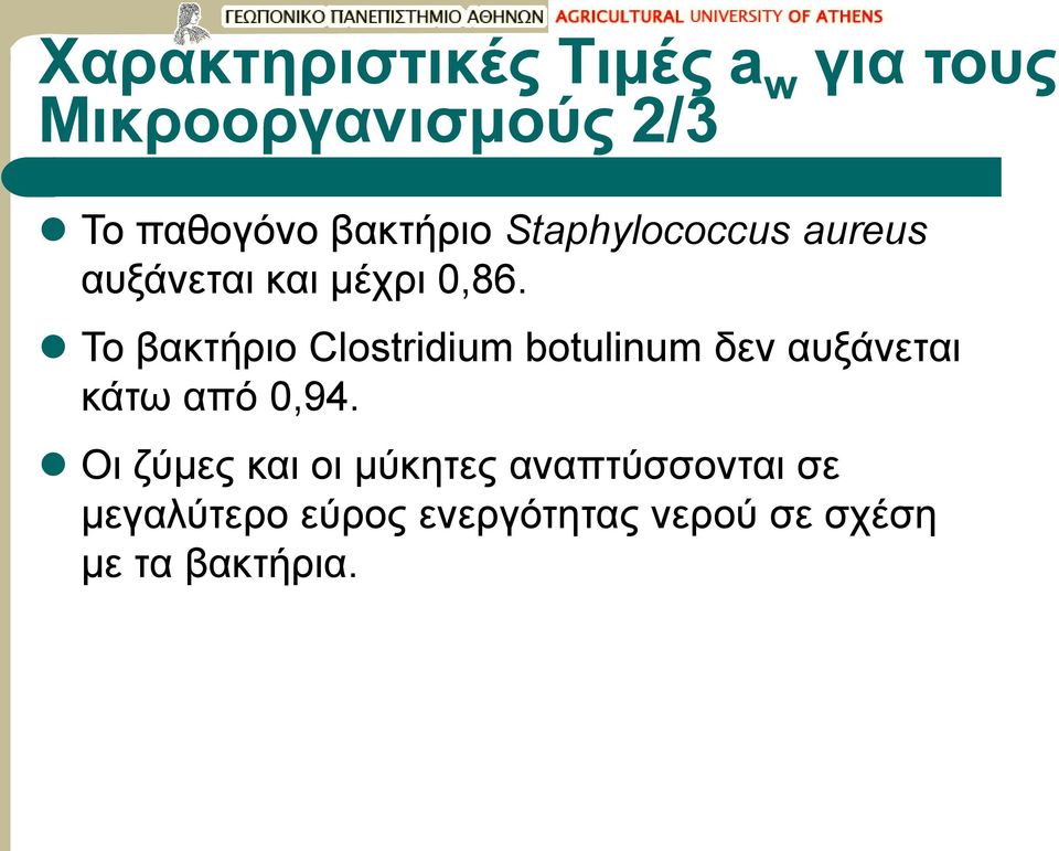 Το βακτήριο Clostridium botulinum δεν αυξάνεται κάτω από 0,94.