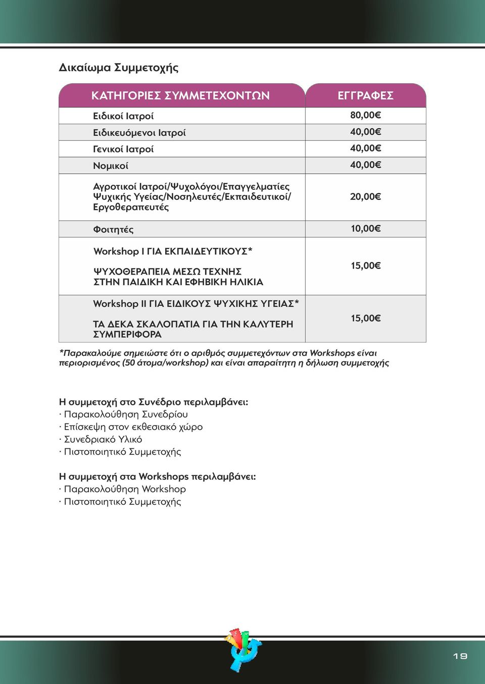 ΤΑ ΔΕΚΑ ΣΚΑΛΟΠΑΤΙΑ ΓΙΑ ΤΗΝ ΚΑΛΥΤΕΡΗ ΣΥΜΠΕΡΙΦΟΡΑ 15,00 15,00 *Παρακαλούμε σημειώστε ότι ο αριθμός συμμετεχόντων στα Workshops είναι περιορισμένος (50 άτομα/workshop) και είναι απαραίτητη η δήλωση