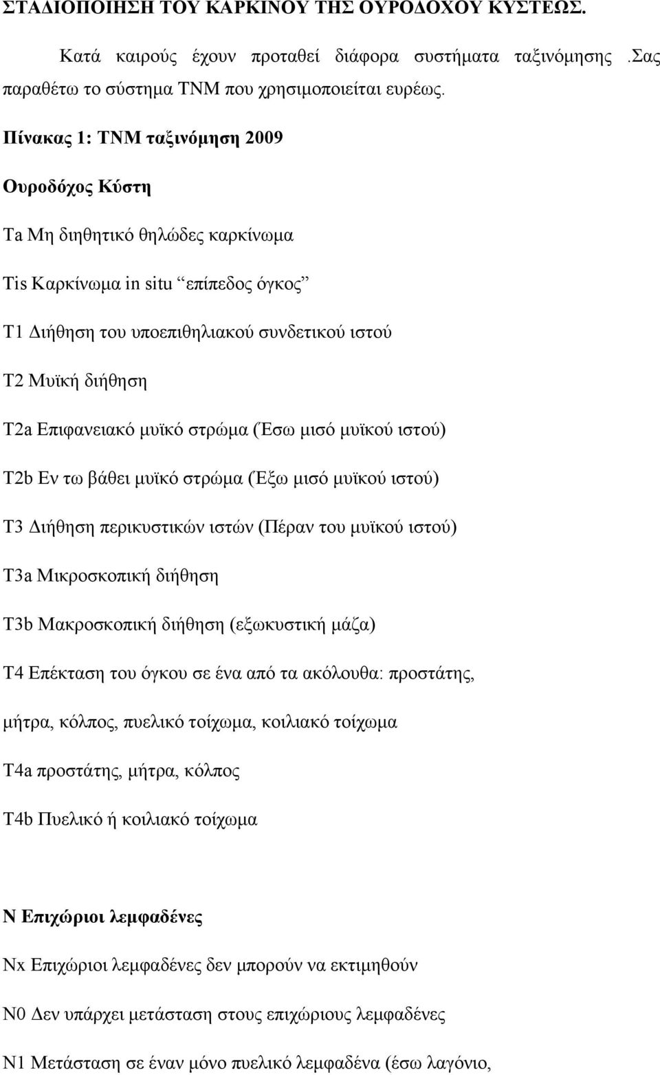 μυϊκό στρώμα (Έσω μισό μυϊκού ιστού) Τ2b Εν τω βάθει μυϊκό στρώμα (Έξω μισό μυϊκού ιστού) Τ3 Διήθηση περικυστικών ιστών (Πέραν του μυϊκού ιστού) Τ3a Μικροσκοπική διήθηση Τ3b Μακροσκοπική διήθηση