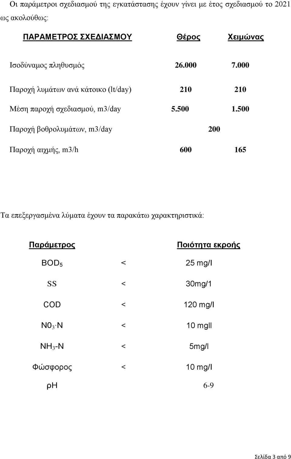 500 Παροχή βοθρολυμάτων, m3/day 200 Παροχή αιχμής, m3/h 600 165 Τα επεξεργασμένα λύματα έχουν τα παρακάτω χαρακτηριστικά: