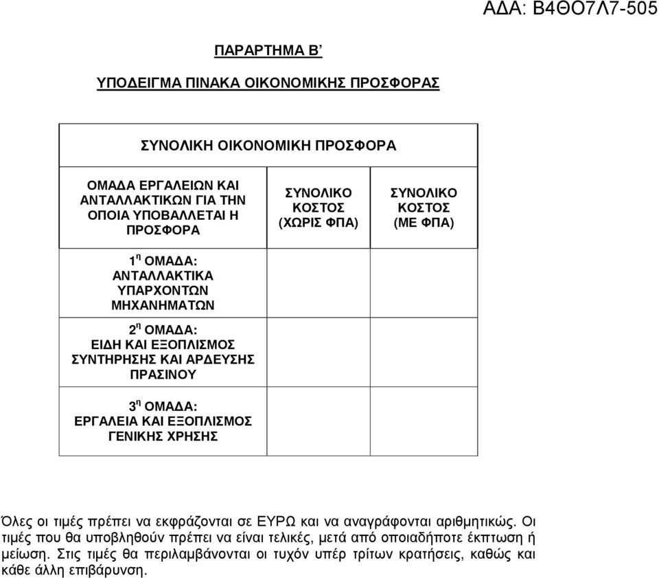 ΣΥΝΟΛΙΚΟ ΚΟΣΤΟΣ (ΧΩΡΙΣ ΦΠΑ) ΣΥΝΟΛΙΚΟ ΚΟΣΤΟΣ (ΜΕ ΦΠΑ) Όλες οι τιµές πρέπει να εκφράζονται σε ΕΥΡΩ και να αναγράφονται αριθµητικώς.