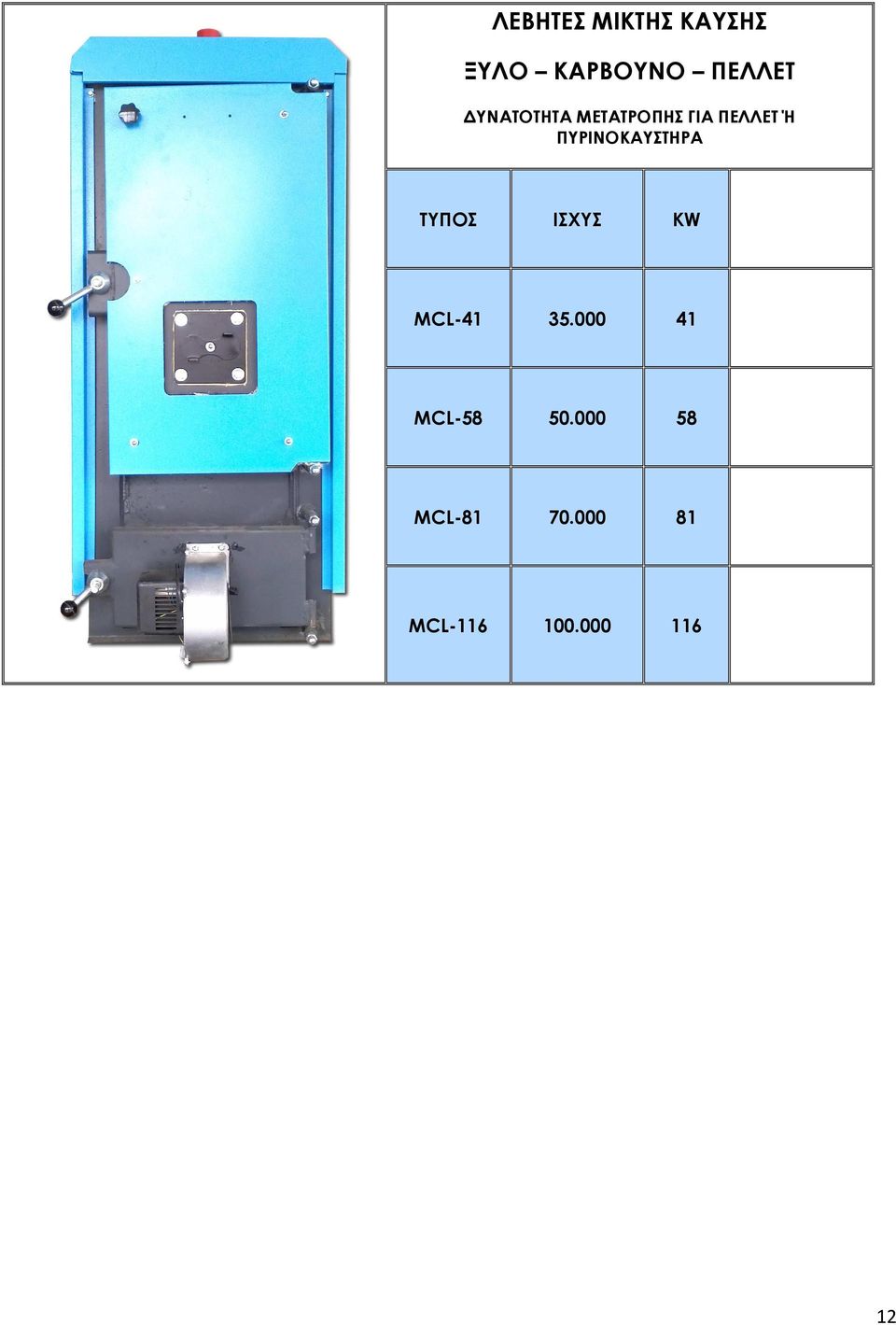 ΠΥΡΙΝΟΚΑΥΣΤΗΡΑ ΤΥΠΟΣ ΙΣΧΥΣ KW MCL-41 35.