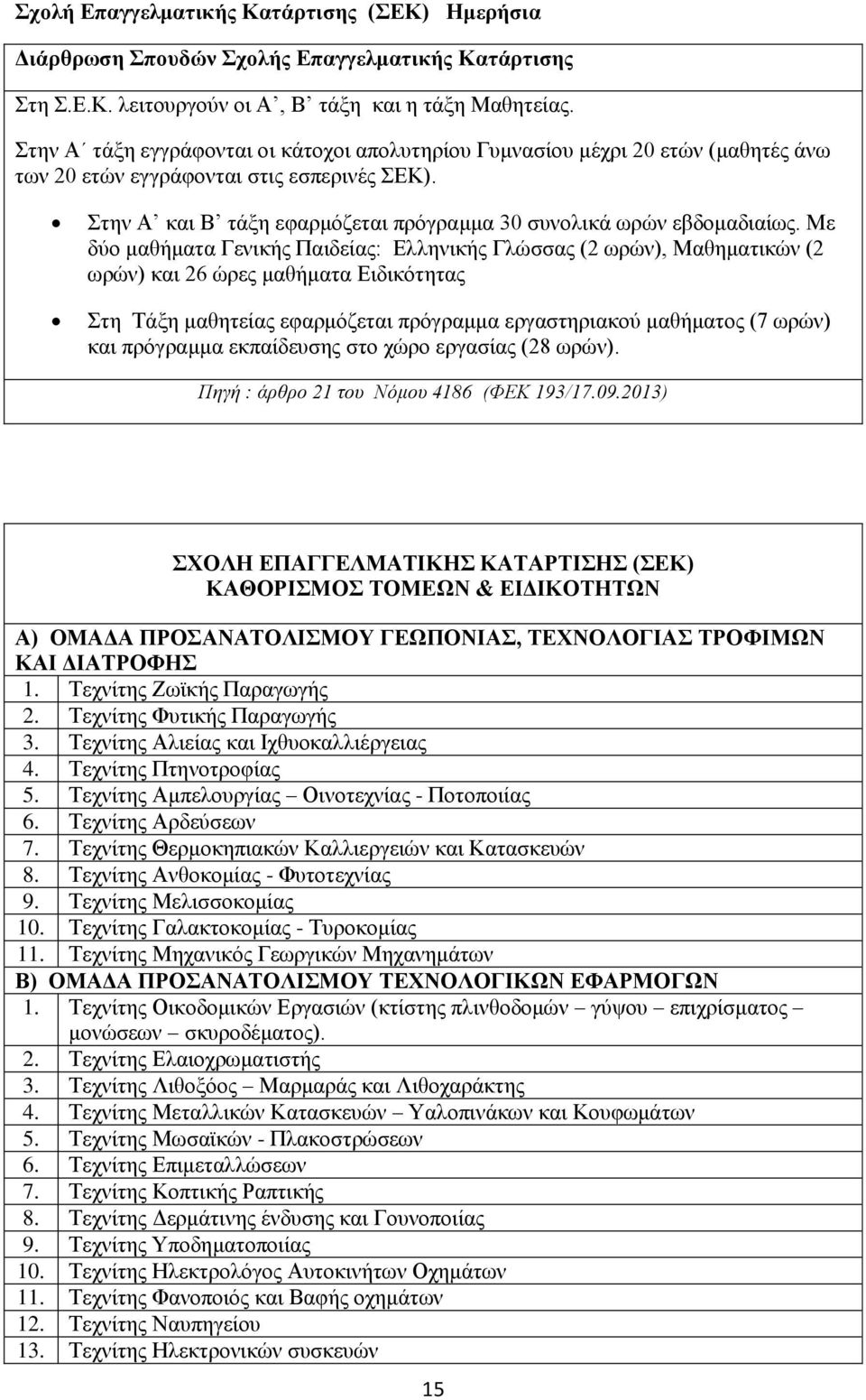 Με δύο μαθήματα Γενικής Παιδείας: Ελληνικής Γλώσσας (2 ωρών), Μαθηματικών (2 ωρών) και 26 ώρες μαθήματα Ειδικότητας Στη Τάξη μαθητείας εφαρμόζεται πρόγραμμα εργαστηριακού μαθήματος (7 ωρών) και