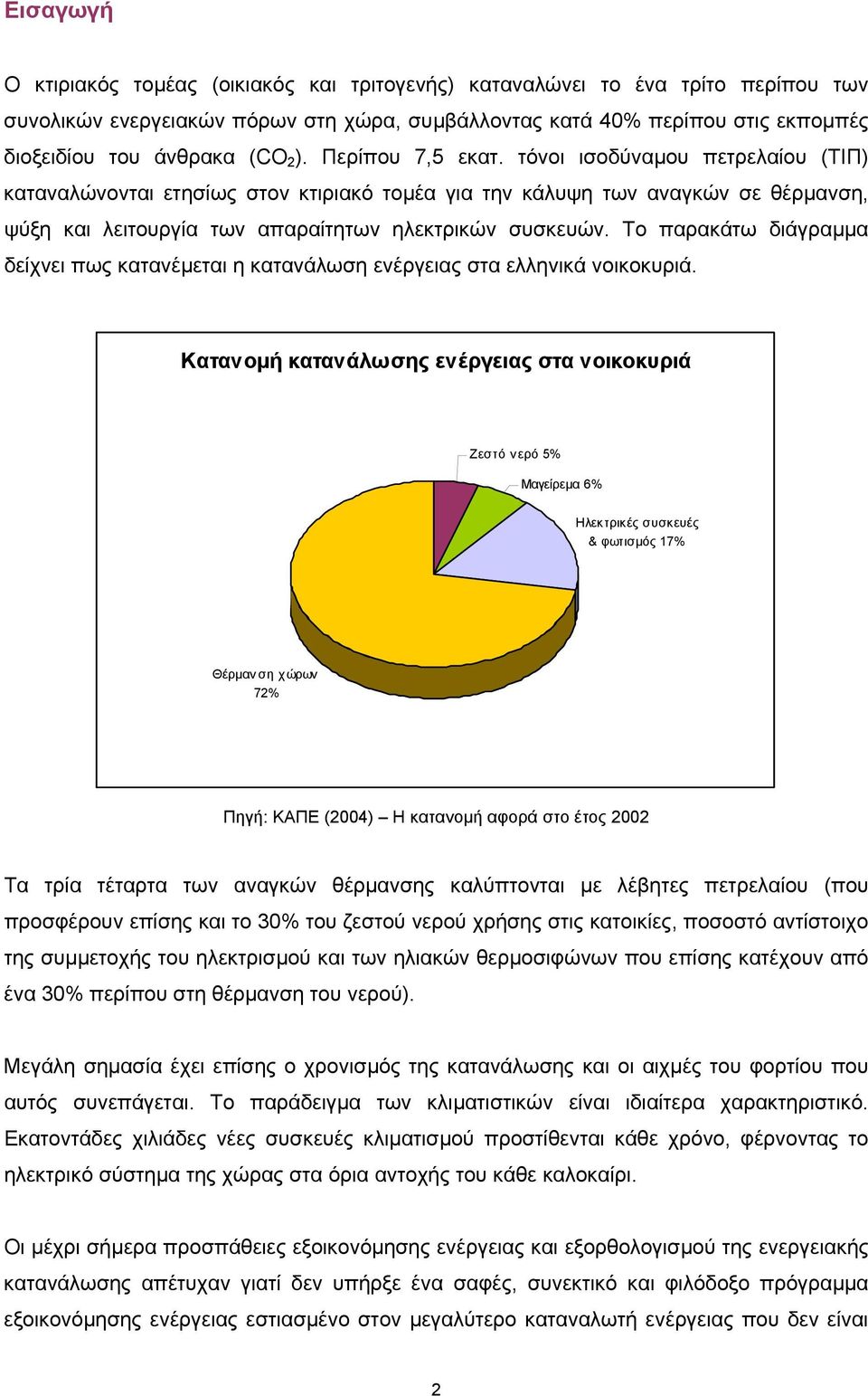 Το παρακάτω διάγραµµα δείχνει πως κατανέµεται η κατανάλωση ενέργειας στα ελληνικά νοικοκυριά.