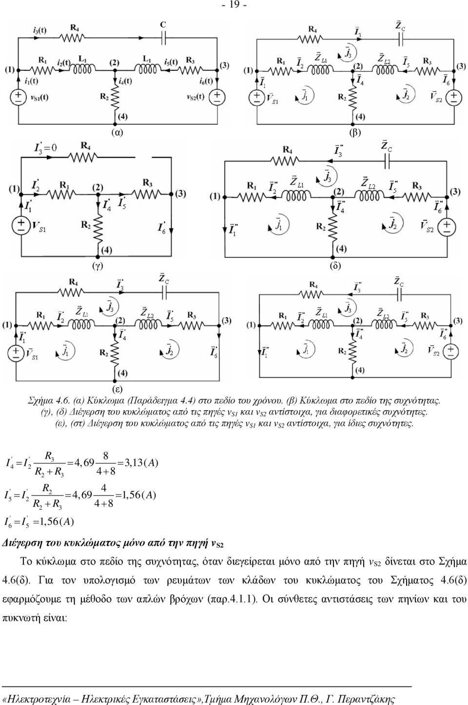 (ε), (στ) Διέγερση του κυκλώματος από τις πηγές v S και v S αντίστοιχα, για ίδιες συχνότητες.