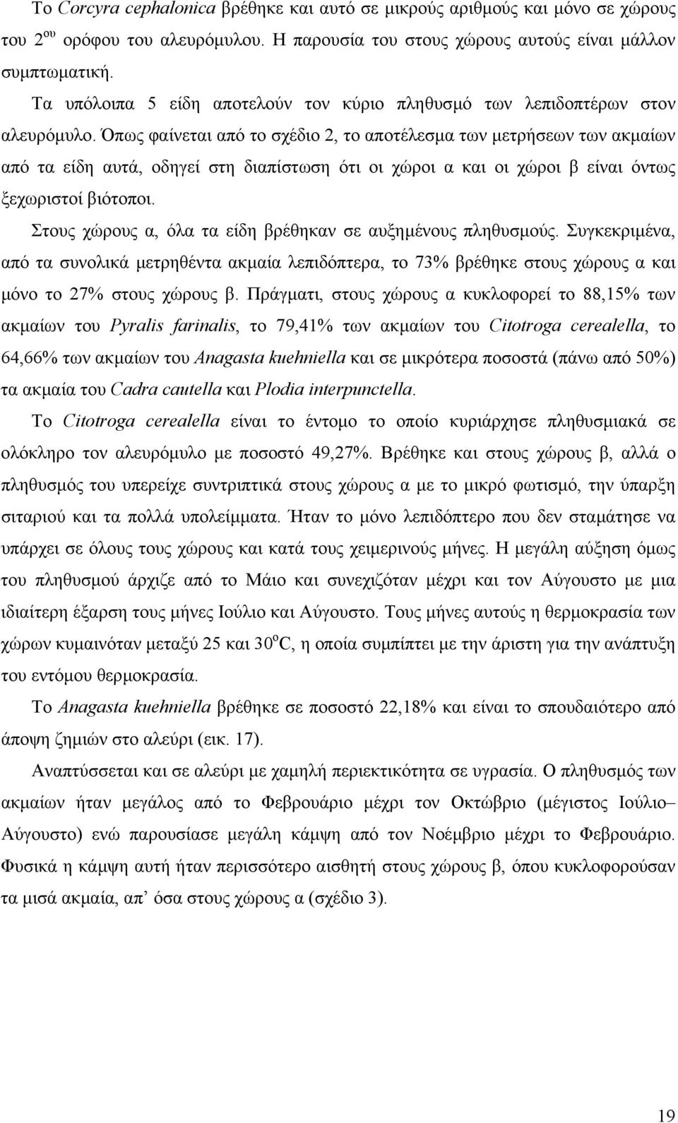 Όπως φαίνεται από το σχέδιο 2, το αποτέλεσµα των µετρήσεων των ακµαίων από τα είδη αυτά, οδηγεί στη διαπίστωση ότι οι χώροι α και οι χώροι β είναι όντως ξεχωριστοί βιότοποι.