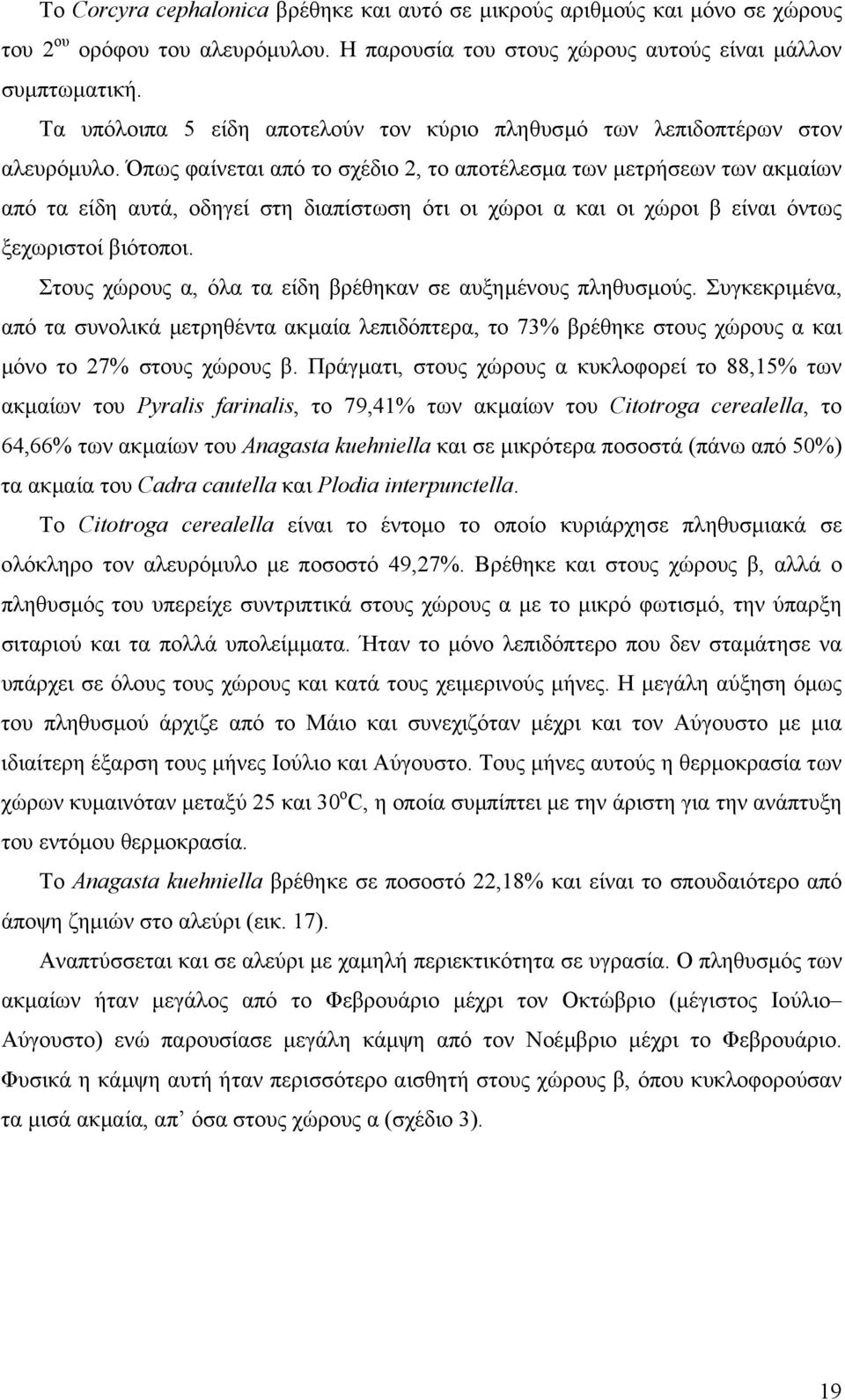 Όπως φαίνεται από το σχέδιο 2, το αποτέλεσµα των µετρήσεων των ακµαίων από τα είδη αυτά, οδηγεί στη διαπίστωση ότι οι χώροι α και οι χώροι β είναι όντως ξεχωριστοί βιότοποι.