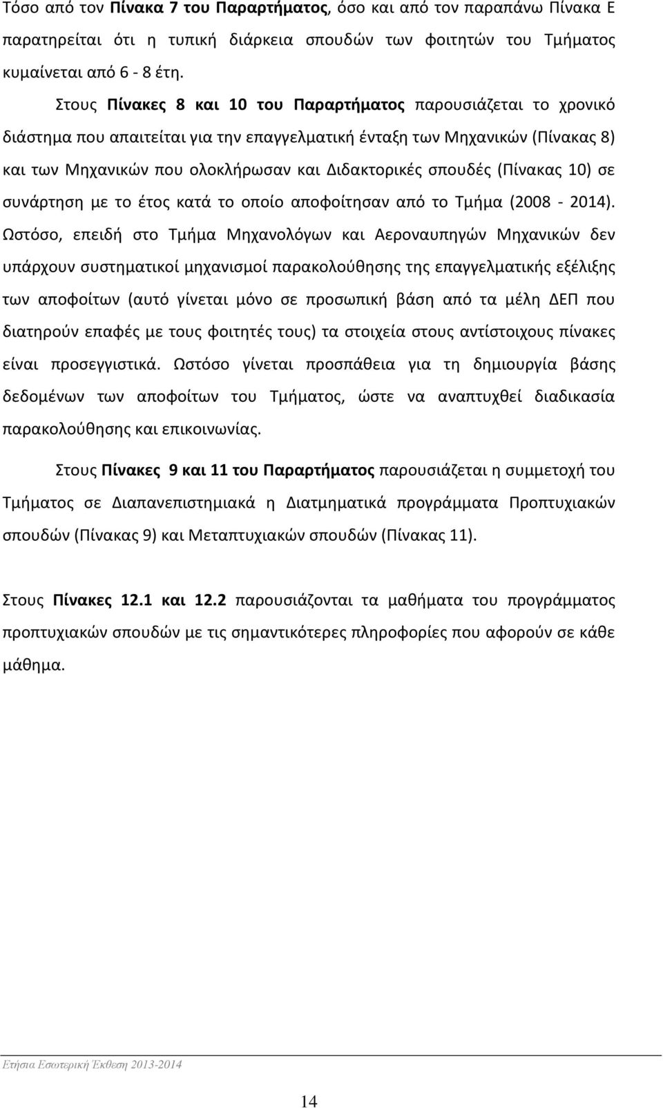 σπουδές (Πίνακας 10) σε συνάρτηση με το έτος κατά το οποίο αποφοίτησαν από το Τμήμα (2008-2014).