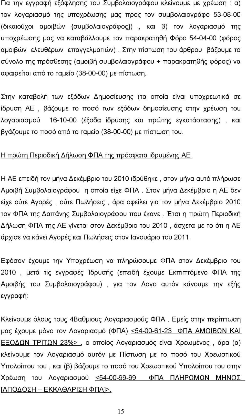 Στην πίστωση του άρθρου βάζουμε το σύνολο της πρόσθεσης (αμοιβή συμβολαιογράφου + παρακρατηθής φόρος) να αφαιρείται από το ταμείο (38-00-00) με πίστωση.