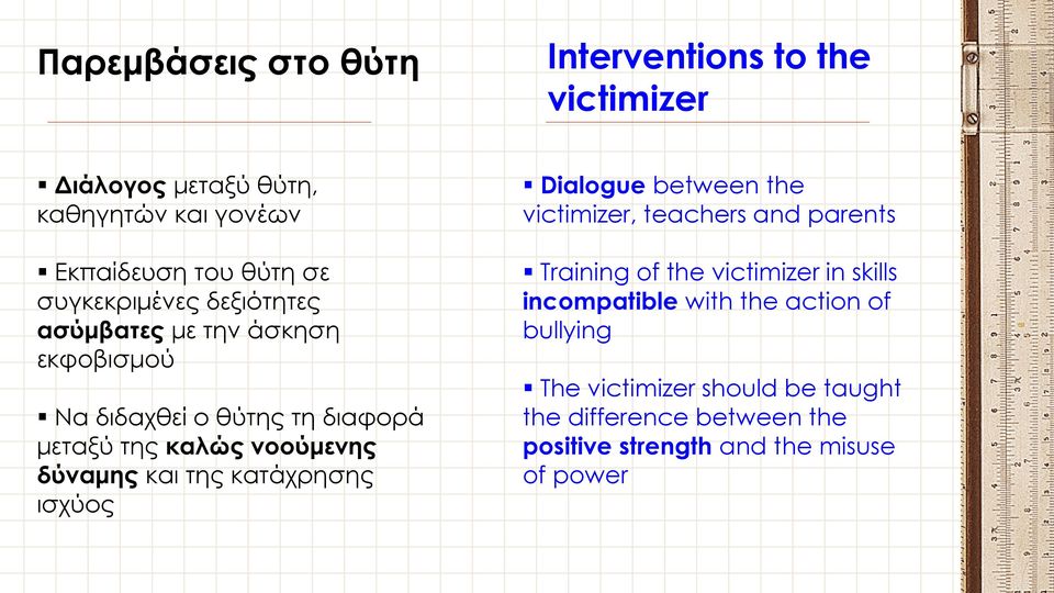 και της κατάχρησης ισχύος Dialogue between the victimizer, teachers and parents Training of the victimizer in skills