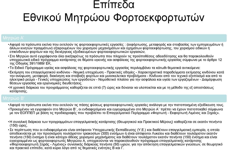 αυτό εγγράφονται όλα ανεξαιρέτως τα πρόσωπα που πληρούν τις προϋποθέσεις αδειοδότησης και θα παρακολουθούν υποχρεωτικά ειδικό πρόγραμμα κατάρτισης σε θέματα υγιεινής και ασφάλειας της