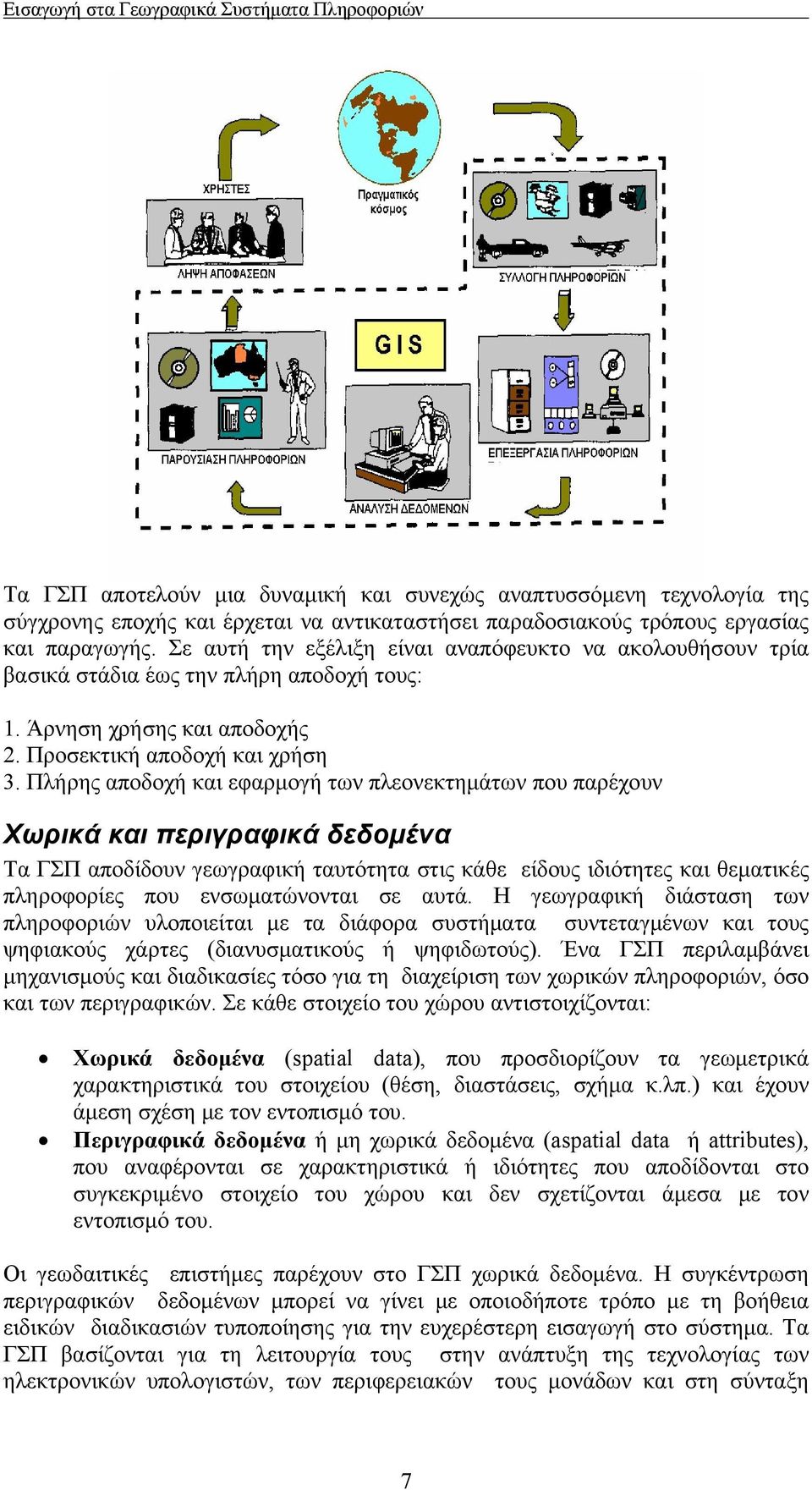 Πλήρης αποδοχή και εφαρμογή των πλεονεκτημάτων που παρέχουν Χωρικά και περιγραφικά δεδομένα Tα ΓΣΠ αποδίδουν γεωγραφική ταυτότητα στις κάθε είδους ιδιότητες και θεματικές πληροφορίες που