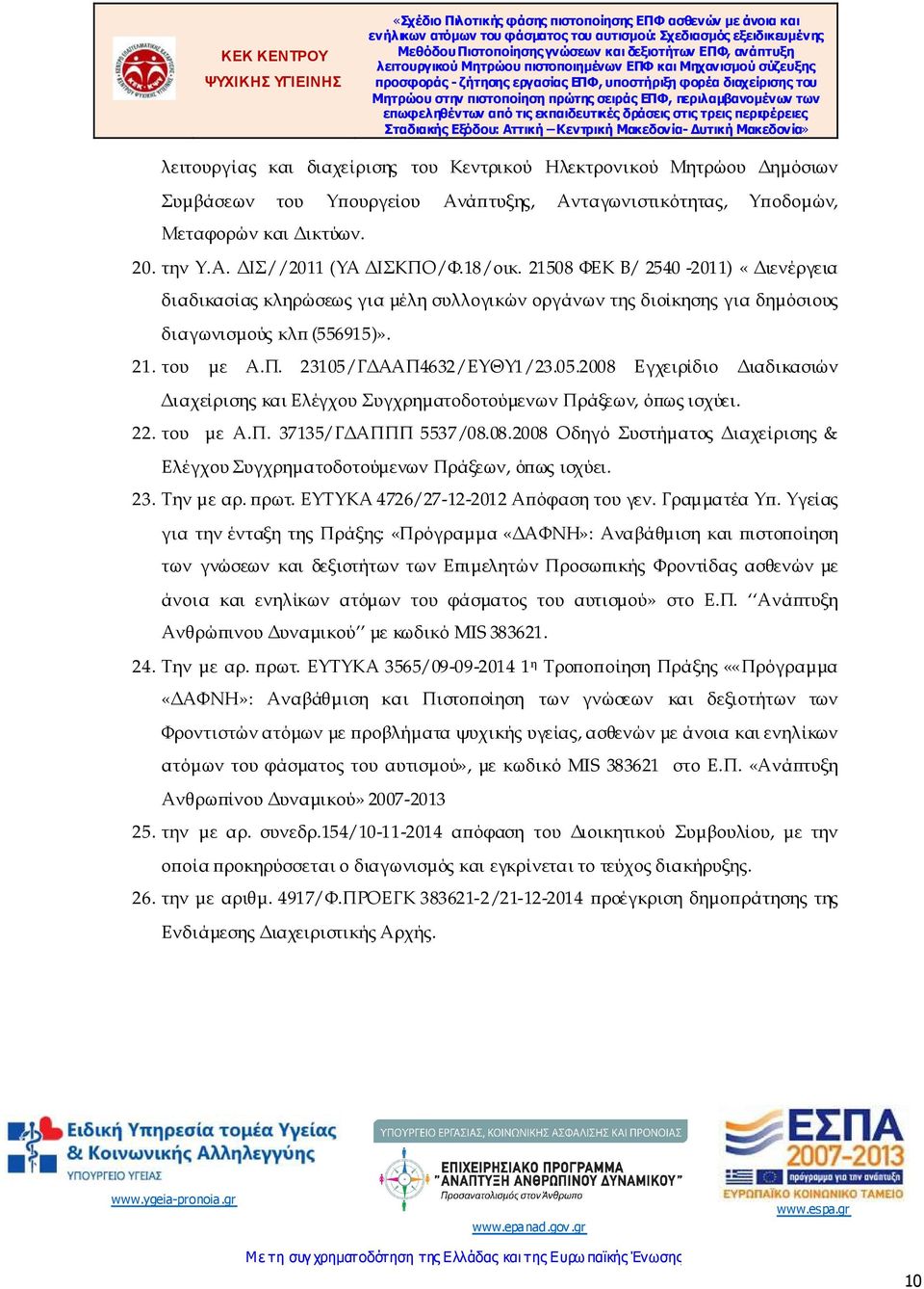 Γ ΑΑΠ4632/ΕΥΘΥ1/23.05.2008 Εγχειρίδιο ιαδικασιών ιαχείρισης και Ελέγχου Συγχρηµατοδοτούµενων Πράξεων, ό ως ισχύει. 22. του µε Α.Π. 37135/Γ ΑΠΠΠ 5537/08.08.2008 Οδηγό Συστήµατος ιαχείρισης & Ελέγχου Συγχρηµατοδοτούµενων Πράξεων, ό ως ισχύει.