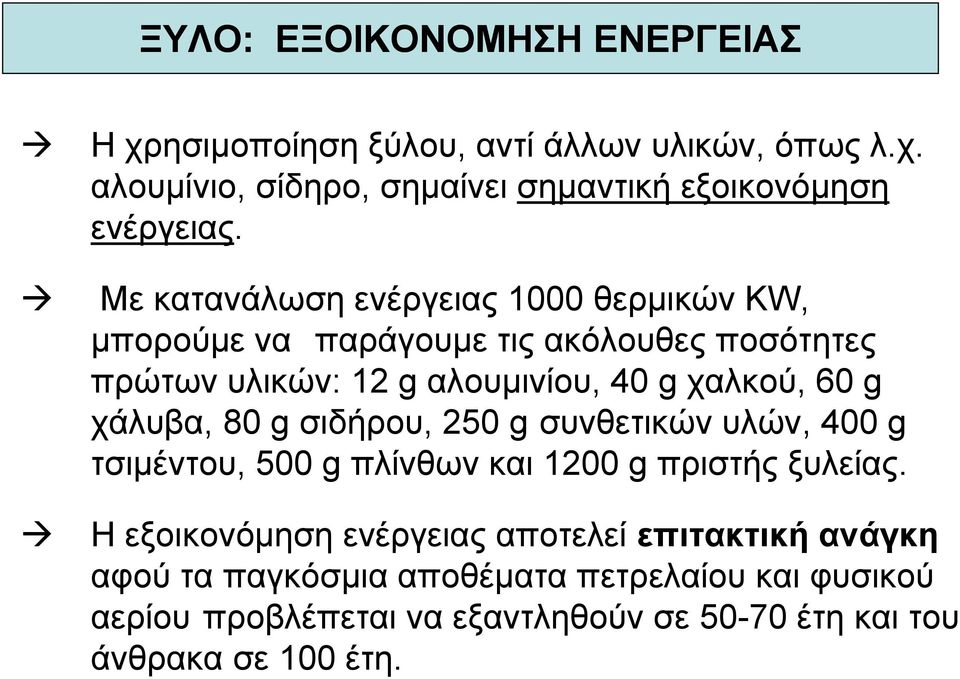 χάλυβα, 80 g σιδήρου, 250 g συνθετικών υλών, 400 g τσιµέντου, 500 g πλίνθων και 1200 g πριστής ξυλείας.