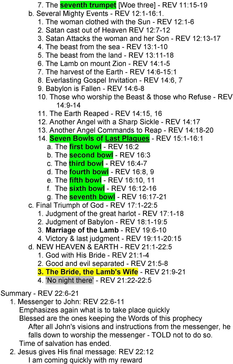 The harvest of the Earth - REV 14:6-15:1 8. Everlasting Gospel Invitation - REV 14:6, 7 9. Babylon is Fallen - REV 14:6-8 10. Those who worship the Beast & those who Refuse - REV 14:9-14 11.