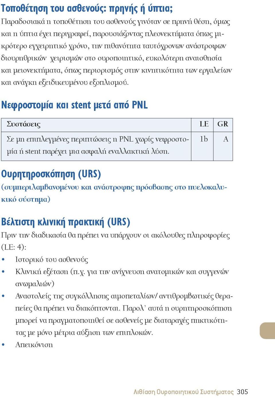 εξοπλισμού. Νεφροστομία και stent μετά από PNL Συστάσεις LE GR Σε μη επιπλεγμένες περιπτώσεις η PNL χωρίς νεφροστο- 1b A μία ή stent παρέχει μια ασφαλή εναλλακτική λύση.