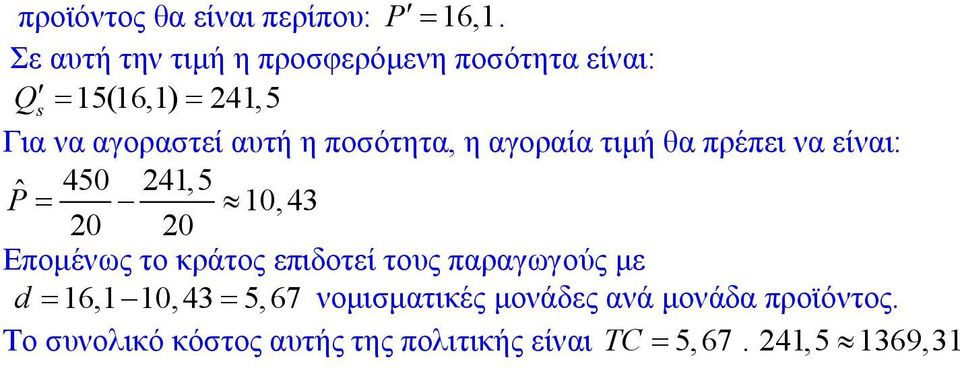 ποσότητα, η αγοραία τιμή θα πρέπει να είναι: ˆ 450 41,5 P 10, 43 0 0 Επομένως το κράτος