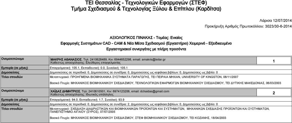 email: amakris@teilar.gr Καθεστώς απασχόλησης: Ελεύθερος επαγγελματίας 1 Εμπειρία (σε μήνες) Επαγγελματική: 105.1, Εκπαιδευτική: 0.0, Συνολική: 105.