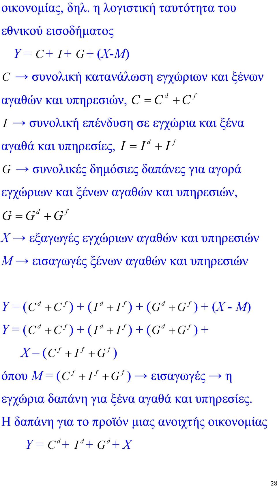 και ξένα αγαθά και υπηρεσίες, I = I + G συνολικές δηµόσιες δαπάνες για αγορά εγχώριων και ξένων αγαθών και υπηρεσιών, G = G + G f Χ εξαγωγές εγχώριων αγαθών και υπηρεσιών