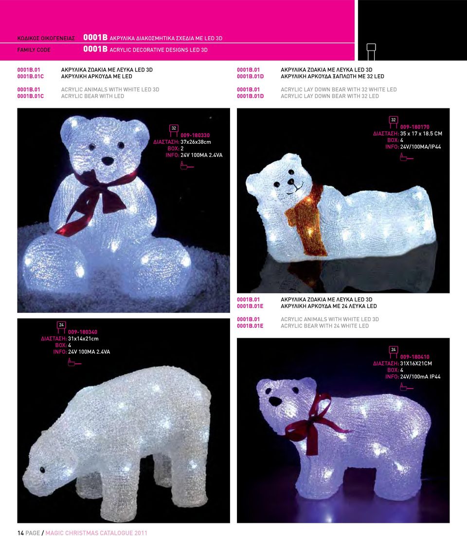 01 ACRYLIC LAY DOWN BEAR WITH 32 WHITE LED 0001B.01D ACRYLIC LAY DOWN BEAR WITH 32 LED 32 009-180330 ΔΙΑΣΤΑΣΗ: 37x26x38cm BOX: 2 INFO: 24V 100MA 2.4VA 32 009-180170 ΔΙΑΣΤΑΣΗ: 35 x 17 x 18.