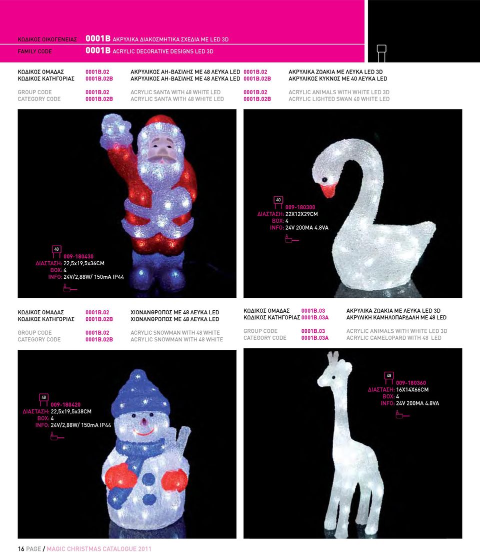 02B ACRYLIC SANTA WITH 48 WHITE LED 0001B.02 ACRYLIC ANIMALS WITH WHITE LED 3D 0001B.02B ACRYLIC LIGHTED SWAN 40 WHITE LED 40 009-180300 ΔΙΑΣΤΑΣΗ: 22X12X29CM BOX: 4 INFO: 24V 200MA 4.
