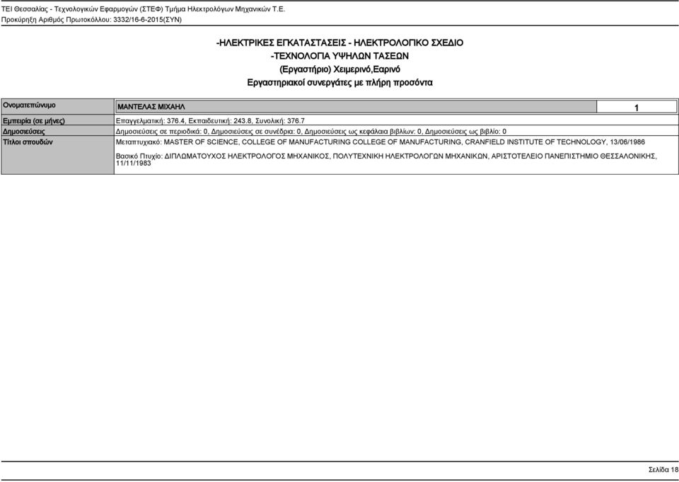 7 Μεταπτυχιακό: MASTER OF SCIENCE, COLLEGE OF MANUFACTURING COLLEGE OF MANUFACTURING, CRANFIELD INSTITUTE OF TECHNOLOGY, 13/06/1986