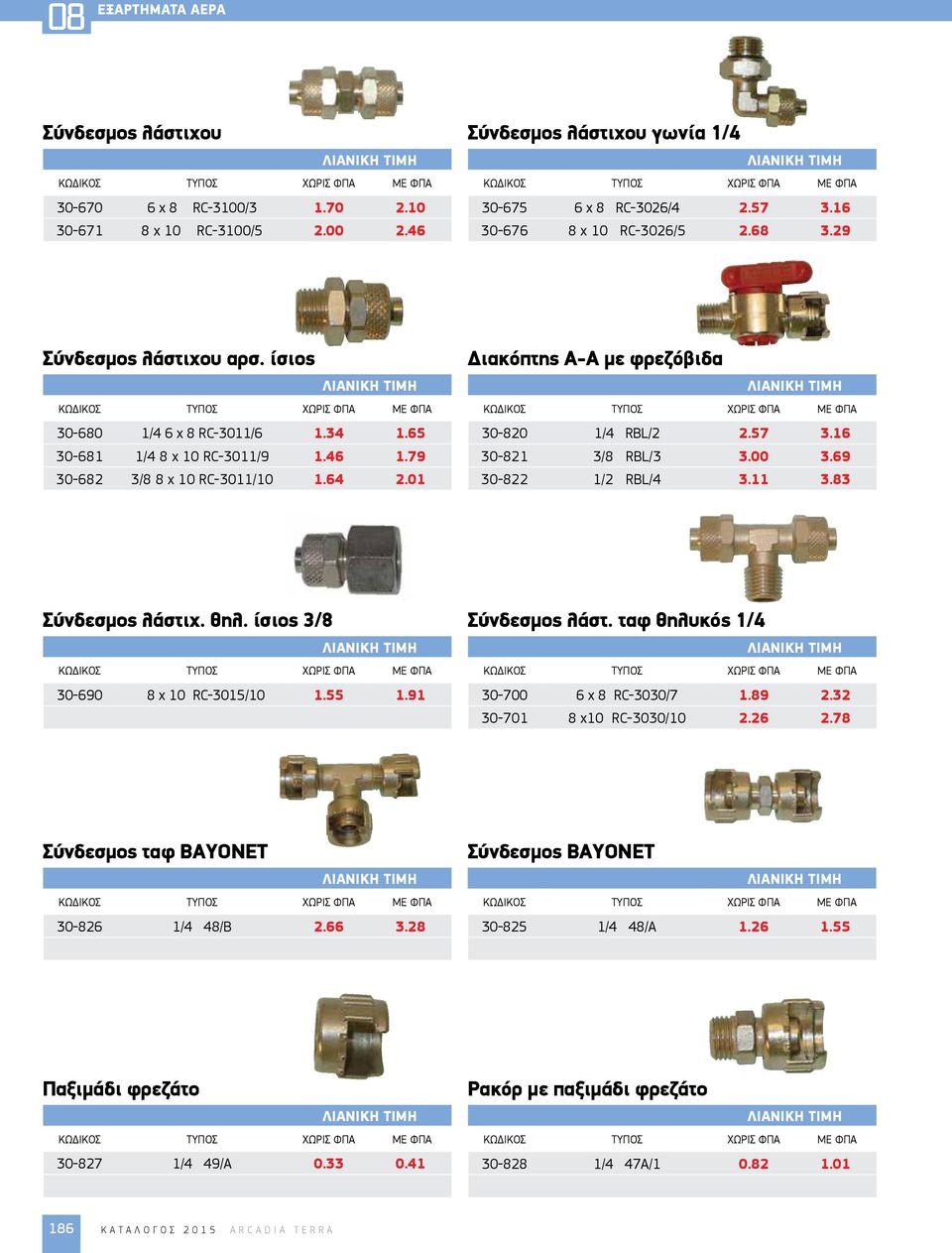 16 30-821 3/8 RBL/3 3.00 3.69 30-822 1/2 RBL/4 3.11 3.83 Σύνδεσμος λάστιχ. θηλ. ίσιος 3/8 30-690 8 x 10 RC-3015/10 1.55 1.91 Σύνδεσμος λάστ. ταφ θηλυκός 1/4 30-700 6 x 8 RC-3030/7 1.89 2.