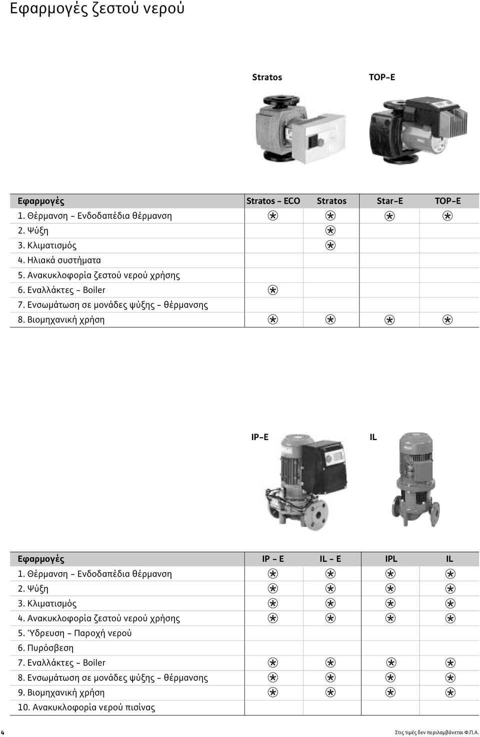 Βιοµηχανική χρήση Stratos - ECO Stratos Star-Ε ΤOP-E IP-E ΙL Eφαρµογές IP - E IL - E ΙPL IL 1. Θέρµανση - Ενδοδαπέδια θέρµανση 2. Ψύξη 3. Κλιµατισµός 4.